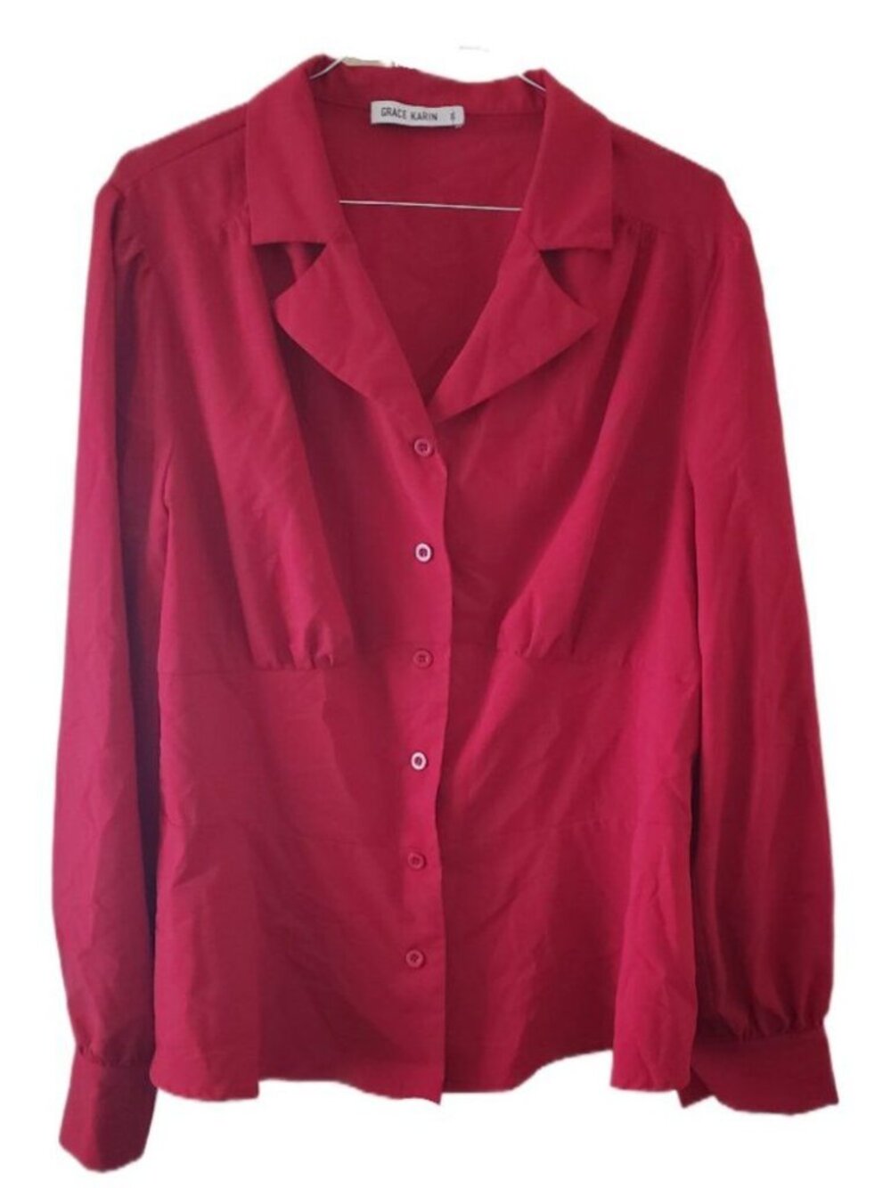 Grace Karin Red Button Down Blouse with Elastic Waist